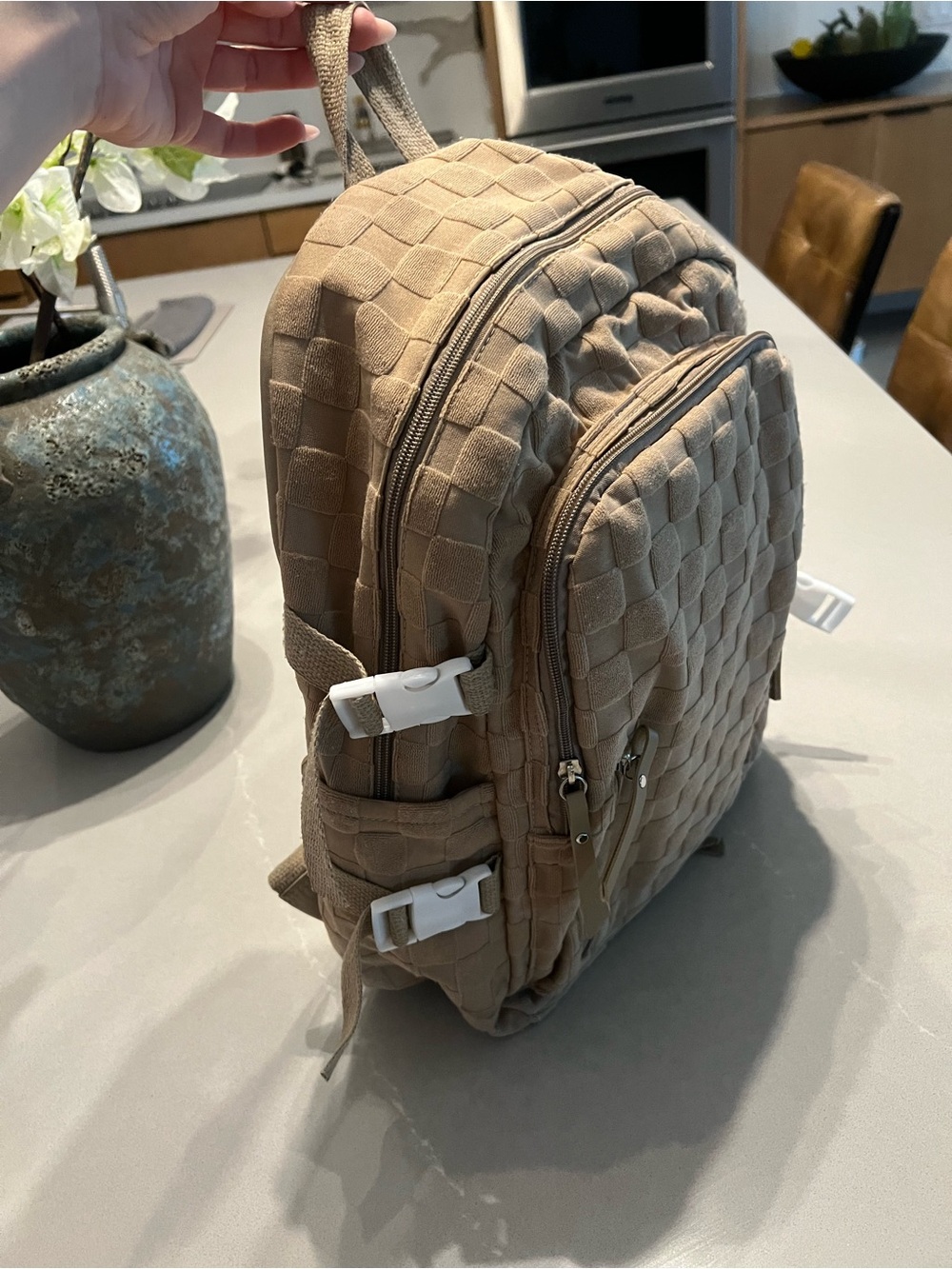 Neutral Tan Quilted Men's Backpack - Everyday Carry - Picture 4 of 7